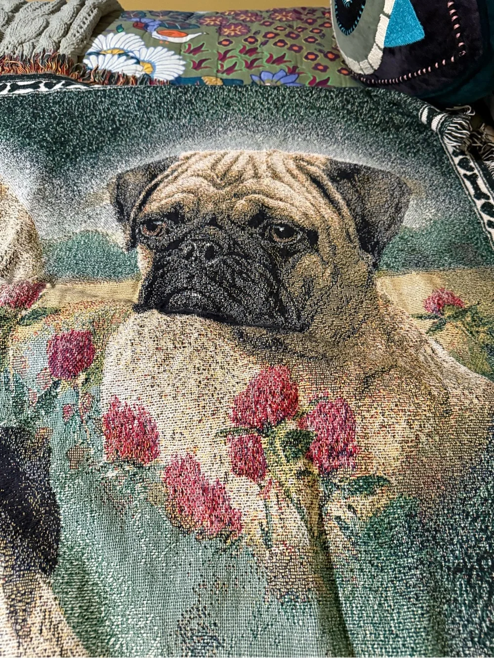I Love Pugs Green Decorative Dog Blanket by